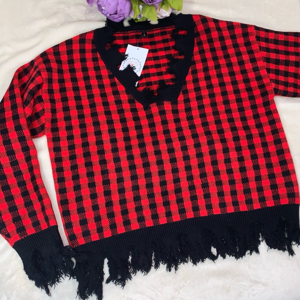 NWT Boutique Red and Black Plaid Distressed Sweater